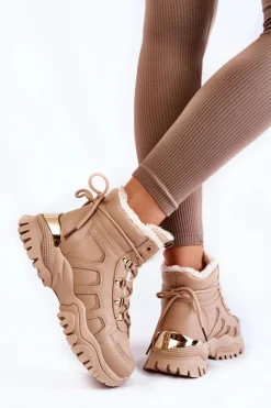 Damskie Ocieplane Botki Trapery Na Platformie Beżowe Ofelia