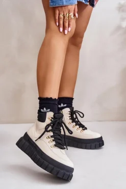 Damskie Ocieplane Botki Trapery Na Platformie Beżowe Jelenia