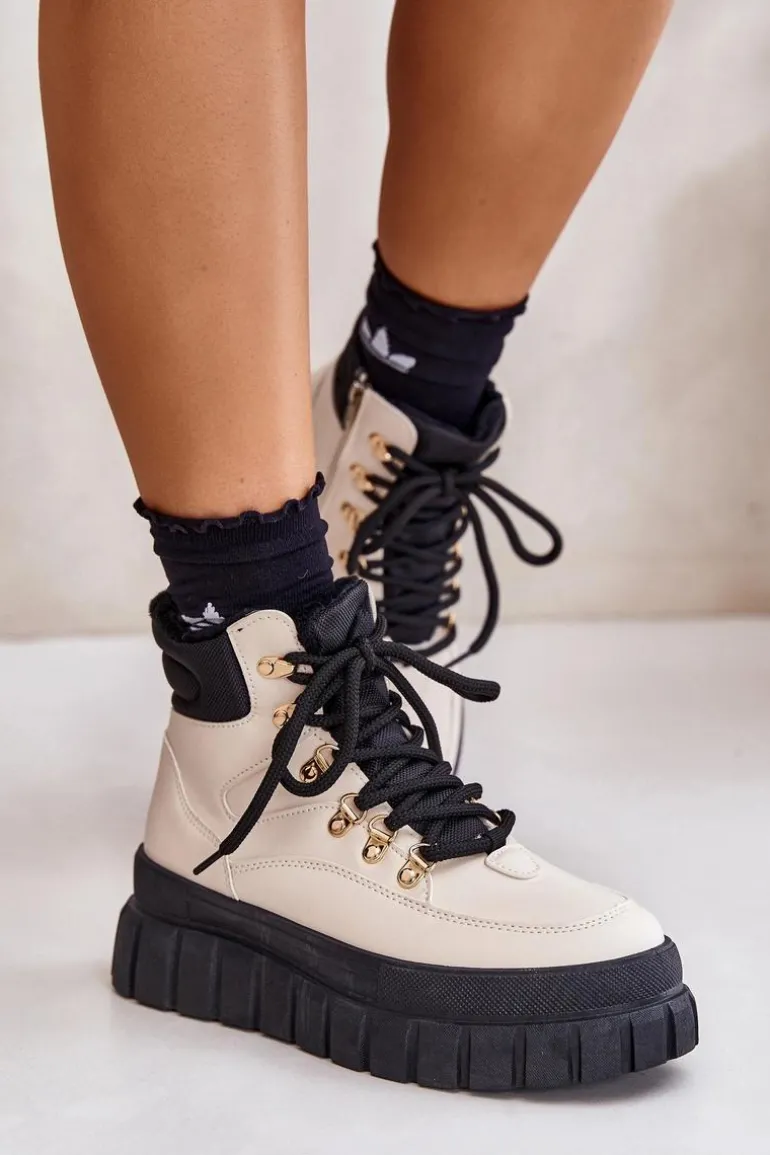 Damskie Ocieplane Botki Trapery Na Platformie Beżowe Jelenia