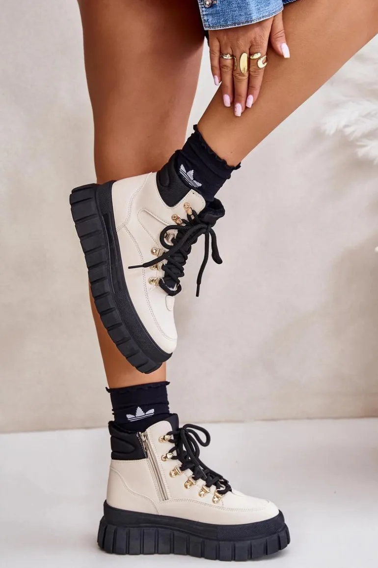 Damskie Ocieplane Botki Trapery Na Platformie Beżowe Jelenia