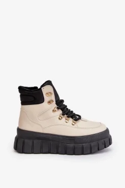 Damskie Ocieplane Botki Trapery Na Platformie Beżowe Jelenia