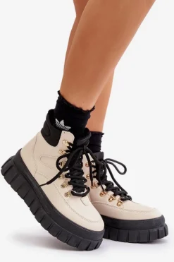 Damskie Ocieplane Botki Trapery Na Platformie Beżowe Jelenia