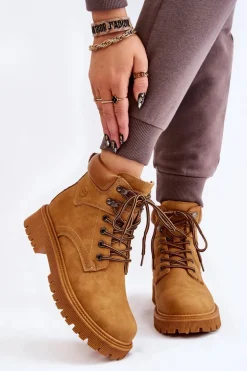Damskie Ocieplane Botki Trapery Sznurowane Camel Halfway