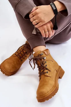 Damskie Ocieplane Botki Trapery Sznurowane Camel Halfway