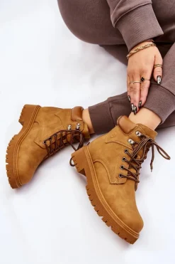 Damskie Ocieplane Botki Trapery Sznurowane Camel Halfway