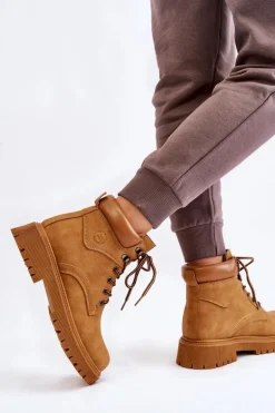 Damskie Ocieplane Botki Trapery Sznurowane Camel Halfway