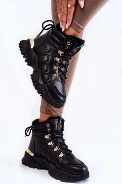 Damskie Ocieplane Botki Trapery Na Platformie Czarne Ofelia