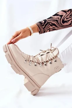 Damskie Ocieplane Botki Trapery Beżowe Perfect