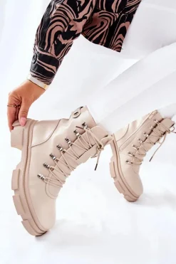 Damskie Ocieplane Botki Trapery Beżowe Perfect