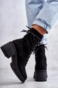 Damskie Ocieplane Botki Trapery Na Obcasie Czarne Julieta