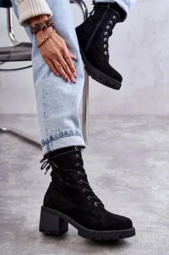 Damskie Ocieplane Botki Trapery Na Obcasie Czarne Julieta