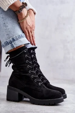 Damskie Ocieplane Botki Trapery Na Obcasie Czarne Julieta