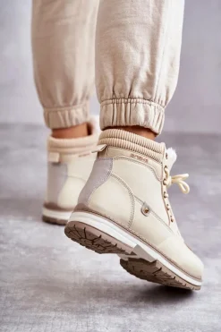 Damskie Ocieplane Botki Trapery Beżowe Liv