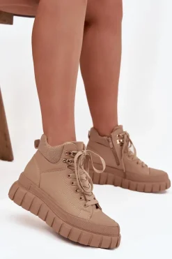 Damskie Ocieplane Botki Trapery Na Platformie Camel Carenna