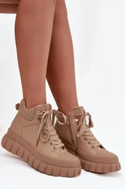 Damskie Ocieplane Botki Trapery Na Platformie Camel Carenna