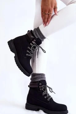 Damskie Ocieplane Botki Trapery Czarne Lonne