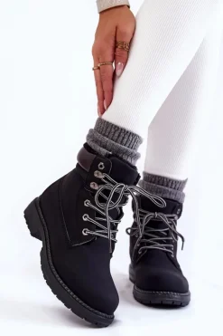Damskie Ocieplane Botki Trapery Czarne Lonne