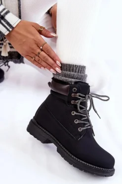 Damskie Ocieplane Botki Trapery Czarne Lonne
