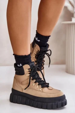 Damskie Ocieplane Botki Trapery Na Platformie Brązowe Jelenia