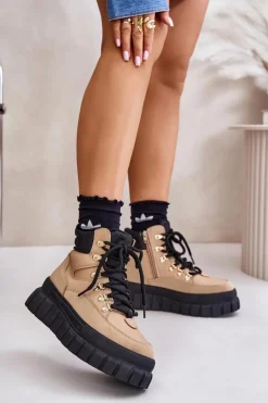 Damskie Ocieplane Botki Trapery Na Platformie Brązowe Jelenia