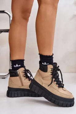 Damskie Ocieplane Botki Trapery Na Platformie Brązowe Jelenia