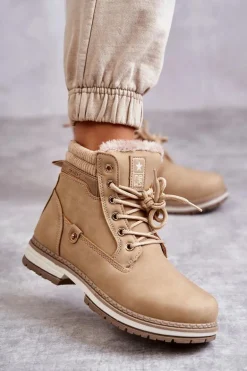 Damskie Ocieplane Botki Trapery Ciemny Beż Liv