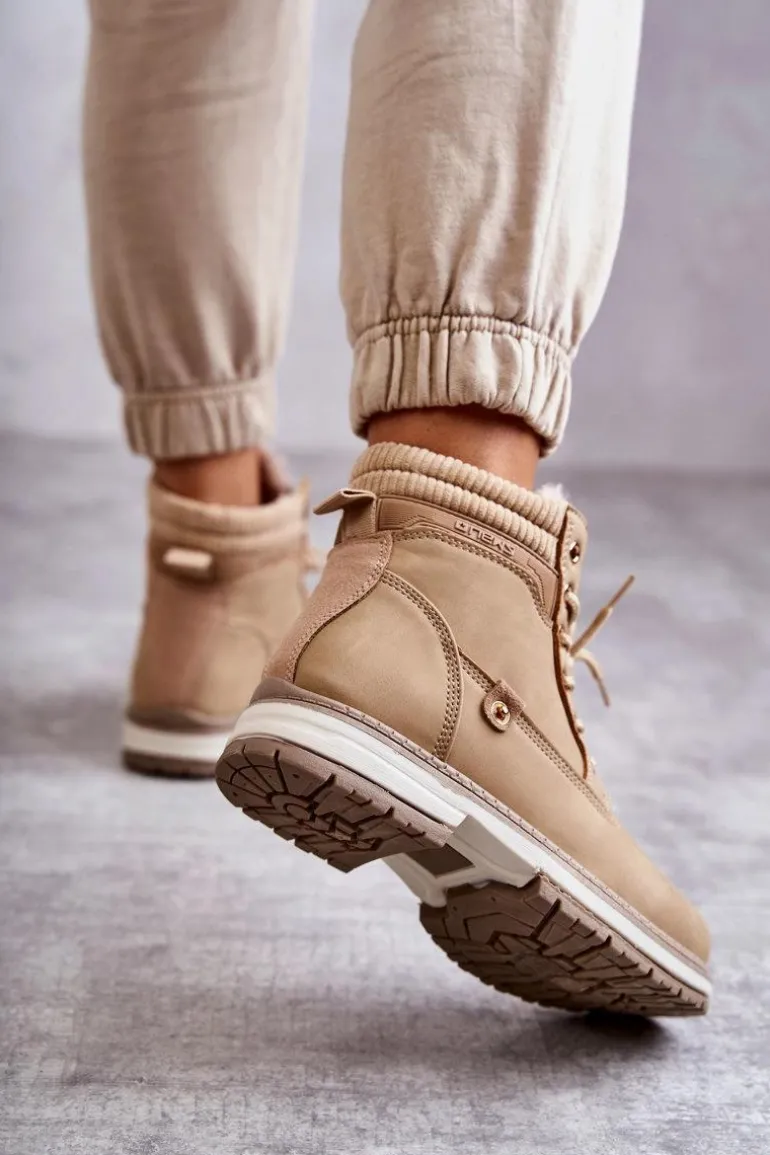 Damskie Ocieplane Botki Trapery Ciemny Beż Liv