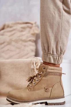 Damskie Ocieplane Botki Trapery Ciemny Beż Liv