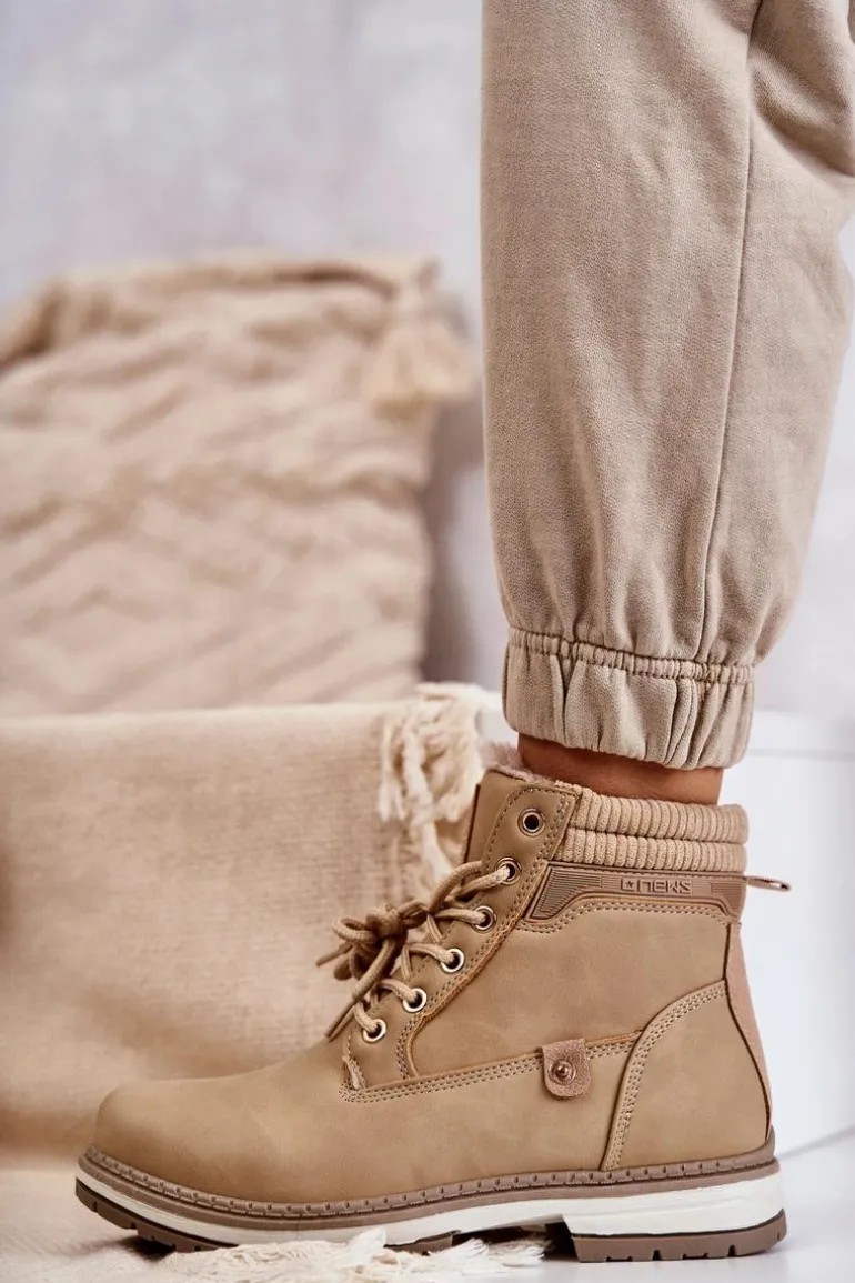 Damskie Ocieplane Botki Trapery Ciemny Beż Liv