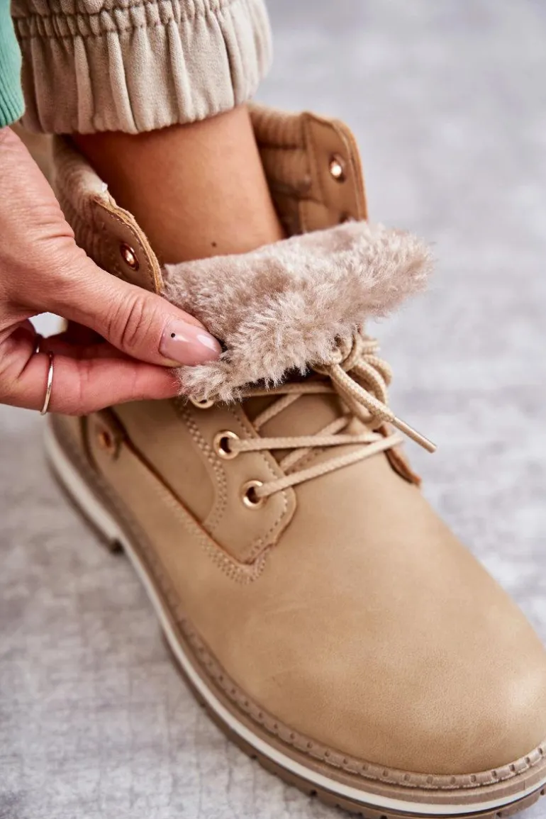 Damskie Ocieplane Botki Trapery Ciemny Beż Liv