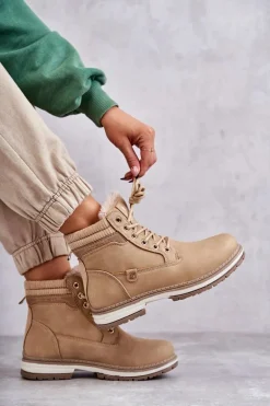 Damskie Ocieplane Botki Trapery Ciemny Beż Liv