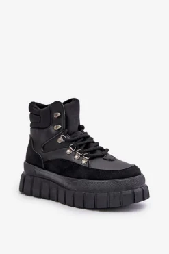 Damskie Ocieplane Botki Trapery Na Platformie Czarne Jelenia