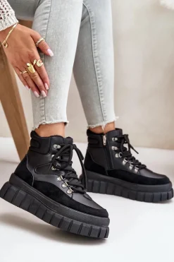Damskie Ocieplane Botki Trapery Na Platformie Czarne Jelenia
