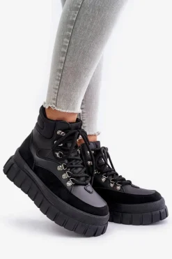 Damskie Ocieplane Botki Trapery Na Platformie Czarne Jelenia
