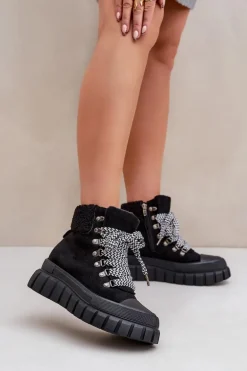 Damskie Ocieplane Botki Trapery Na Platformie Czarne Alcyhen