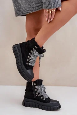 Damskie Ocieplane Botki Trapery Na Platformie Czarne Alcyhen