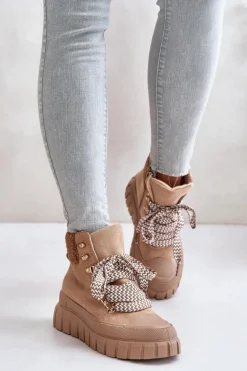 Damskie Ocieplane Botki Trapery Na Platformie Brązowe Alcyhen