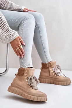 Damskie Ocieplane Botki Trapery Na Platformie Brązowe Alcyhen