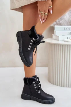 Damskie Ocieplane Botki Trapery Na Zamek Czarne Mevanisa