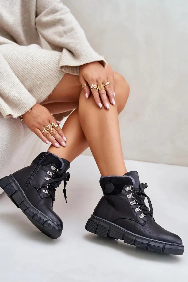 Damskie Ocieplane Botki Trapery Na Zamek Czarne Mevanisa