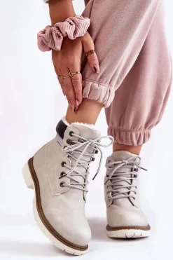 Damskie Ocieplane Botki Trapery Jasnoszare Lonne