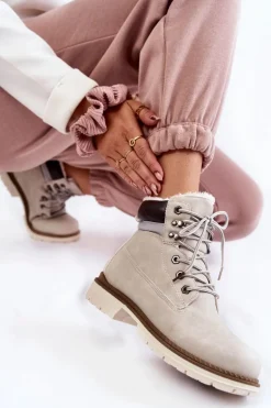 Damskie Ocieplane Botki Trapery Jasnoszare Lonne