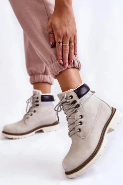 Damskie Ocieplane Botki Trapery Jasnoszare Lonne