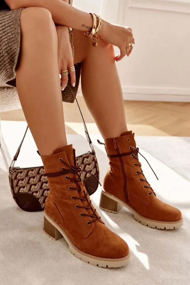 Damskie Ocieplane Botki Trapery Na Obcasie Camel Julieta