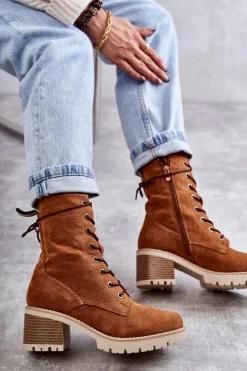 Damskie Ocieplane Botki Trapery Na Obcasie Camel Julieta