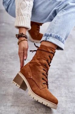 Damskie Ocieplane Botki Trapery Na Obcasie Camel Julieta