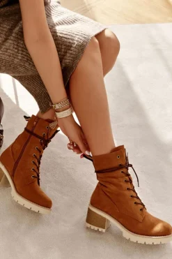 Damskie Ocieplane Botki Trapery Na Obcasie Camel Julieta