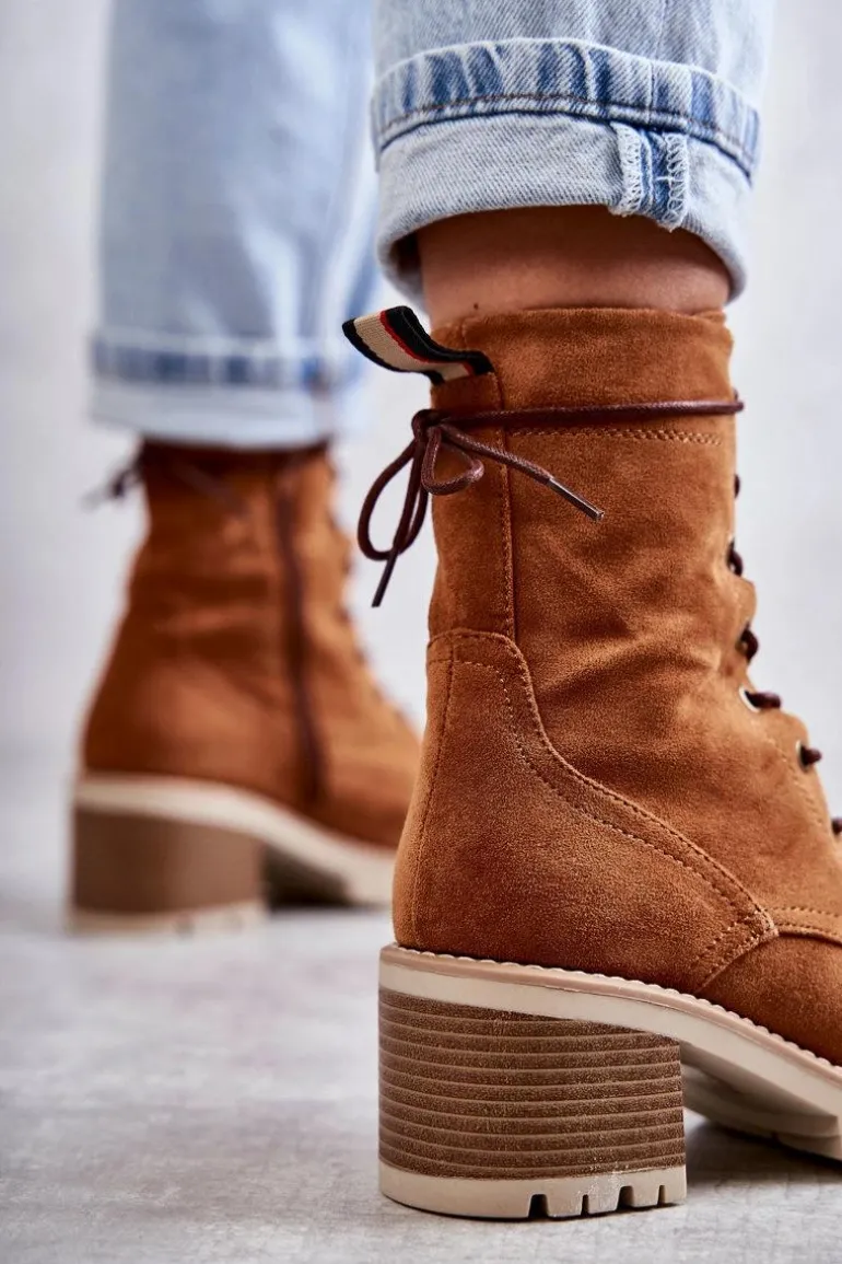 Damskie Ocieplane Botki Trapery Na Obcasie Camel Julieta