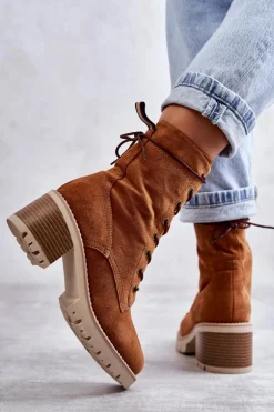 Damskie Ocieplane Botki Trapery Na Obcasie Camel Julieta