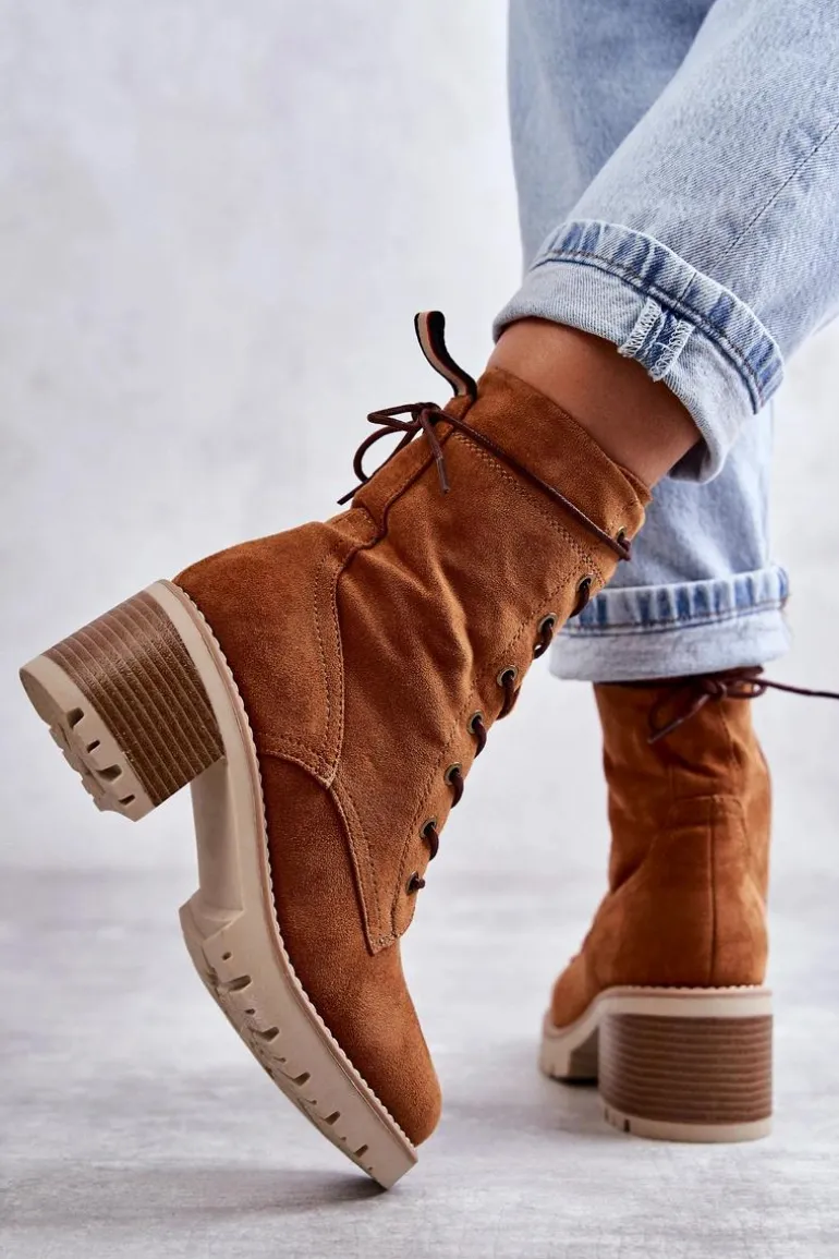 Damskie Ocieplane Botki Trapery Na Obcasie Camel Julieta